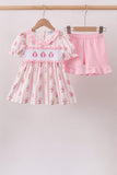 Pink Pumpkin Embroidery Ruffle Shorts Set Aaria Tees