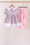 Pink Floral Embroidery Ruffle Pants Set Aaria Tees
