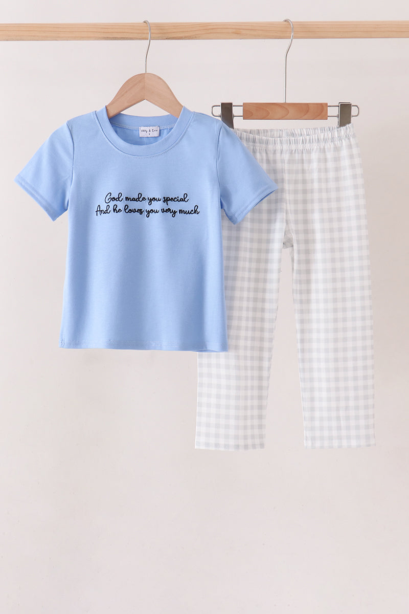 Blue Embroidery Gingham Pants Set