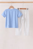 Blue Embroidery Gingham Pants Set Aaria Tees