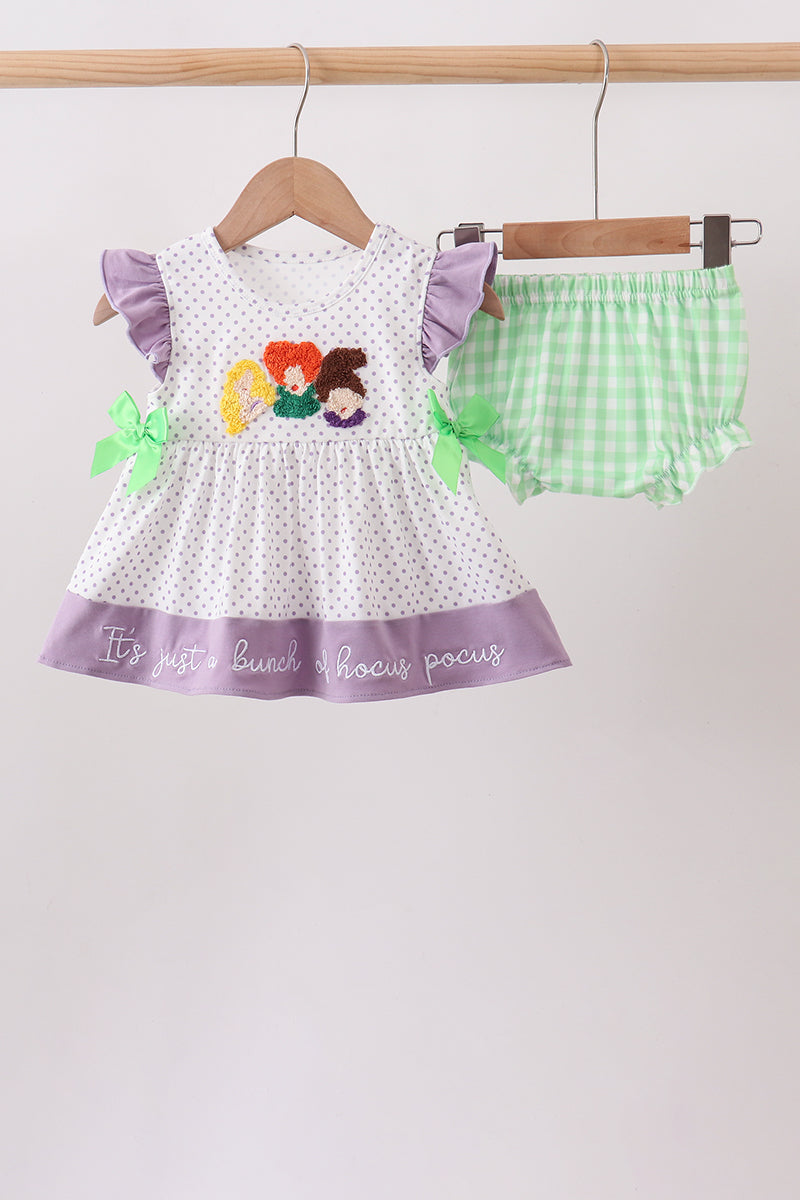 Purple Hocus pocus french knot ruffle bloomer set - Aaria Tees Aaria Tees