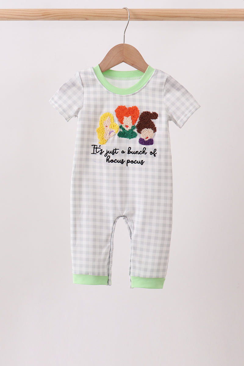 Green Hocus pocus french knot gingham romper - Aaria Tees