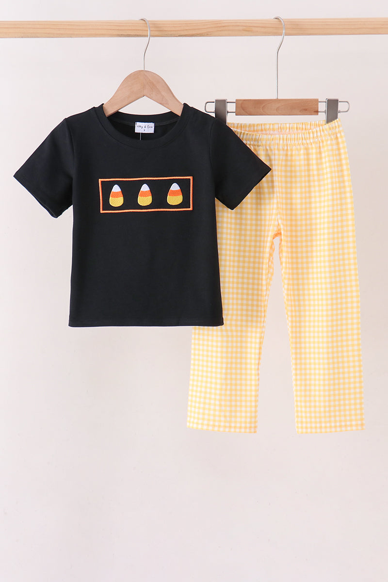 Mustard Candy Embroidery Gingham Pants Set - Aaria Tees