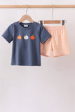 Orange Pumpkin Embroidery Gingham Shorts Set Aaria Tees