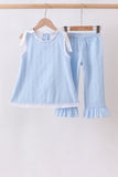 Blue Jacquard Lace Ruffle Pants Set Aaria Tees