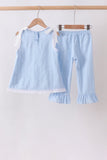 Blue Jacquard Lace Ruffle Pants Set Aaria Tees