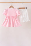 Pink Pumpkin Bow Embroidery Ruffle Shorts Set Aaria Tees