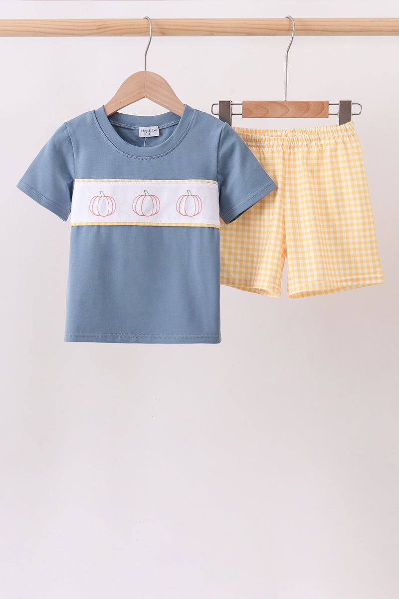 Blue Pumpkin Embroidery Gingham Shorts Set