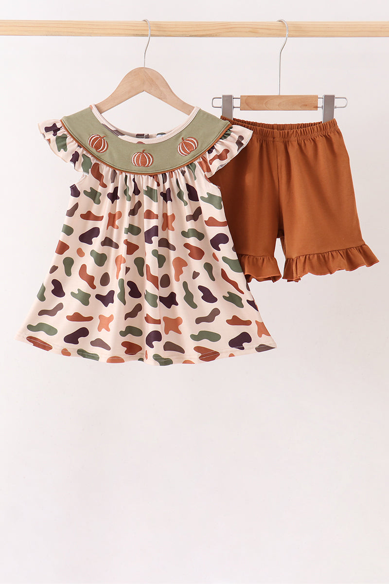 Camouflage Pumpkin Embroidery Ruffle Shorts Set - Aaria Tees