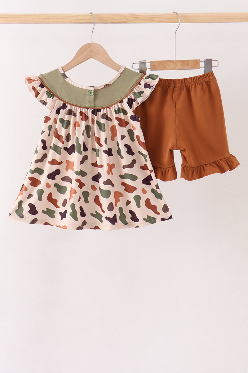 Camouflage Pumpkin Embroidery Ruffle Shorts Set - Aaria Tees Aaria Tees