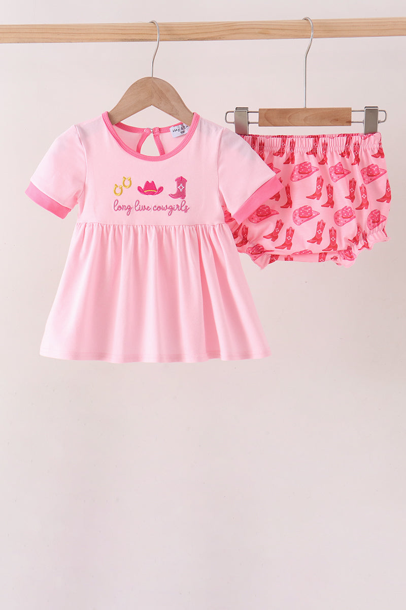 Pink Cowgirl Boots Embroidery Bloomer Set - Aaria Tees Aaria Tees