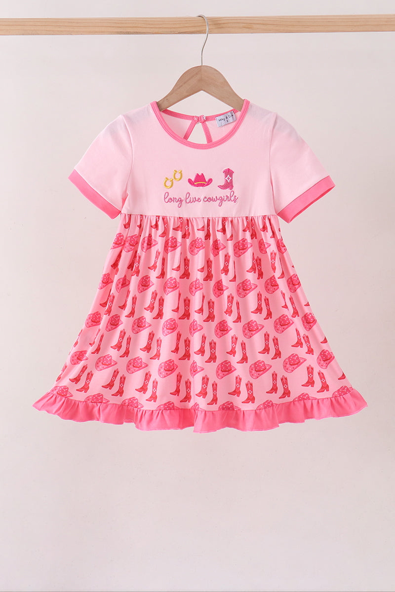 Pink Cowgirl Boots Embroidery Dress - Aaria Tees