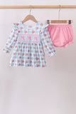 Blue Bow Smocked Floral Gingham Bloomer Set Aaria Tees