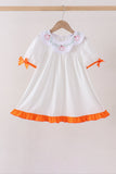 Orange Pumpkin Bow Embroidery Ruffle Dress Aaria Tees