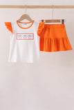 Orange Pumpkin Bow Embroidery Ruffle Skorts Set Aaria Tees