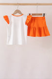Orange Pumpkin Bow Embroidery Ruffle Skorts Set Aaria Tees