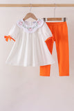 Orange Pumpkin Bow Embroidery Pants Set Aaria Tees