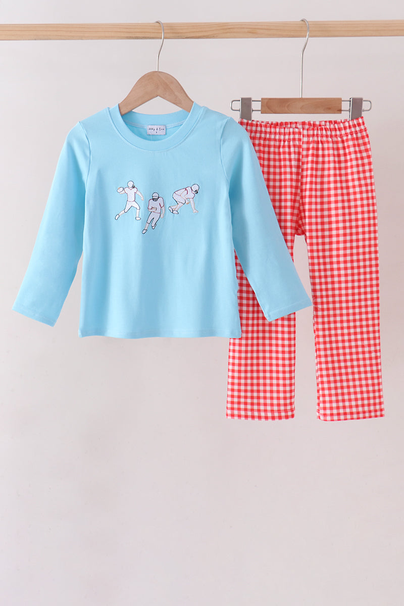 Blue Football Embroidery Gingham Pants Set