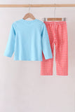 Blue Football Embroidery Gingham Pants Set Aaria Tees