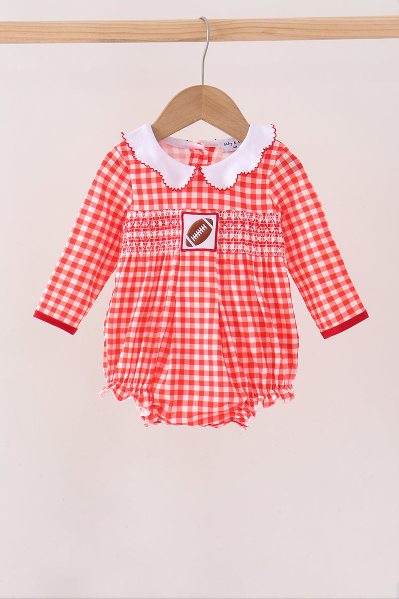 Red Football Smocked Gingham Bubble - Aaria Tees