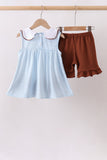 Blue Stripe Football French Knot Ruffle Shorts Set Aaria Tees