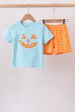 Blue Jack-O-Lantern Applique Gingham Shorts Set Aaria Tees