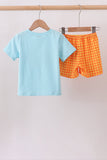 Blue Jack-O-Lantern Applique Gingham Shorts Set Aaria Tees