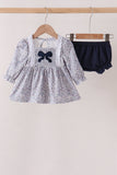 Navy Floral Bow Smocked Bloomer Set Aaria Tees