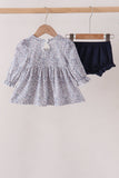 Navy Floral Bow Smocked Bloomer Set Aaria Tees