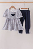 Navy Floral Bow Smocked Pants Set Aaria Tees