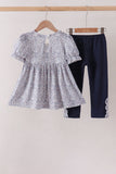 Navy Floral Bow Smocked Pants Set Aaria Tees