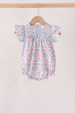 Blue Floral Smocked Ruffle Bubble Aaria Tees