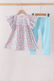 Blue Floral Smocked Ruffle Pants Set Aaria Tees