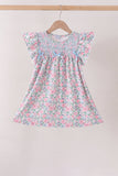 Blue Floral Smocked Ruffle Dress Aaria Tees
