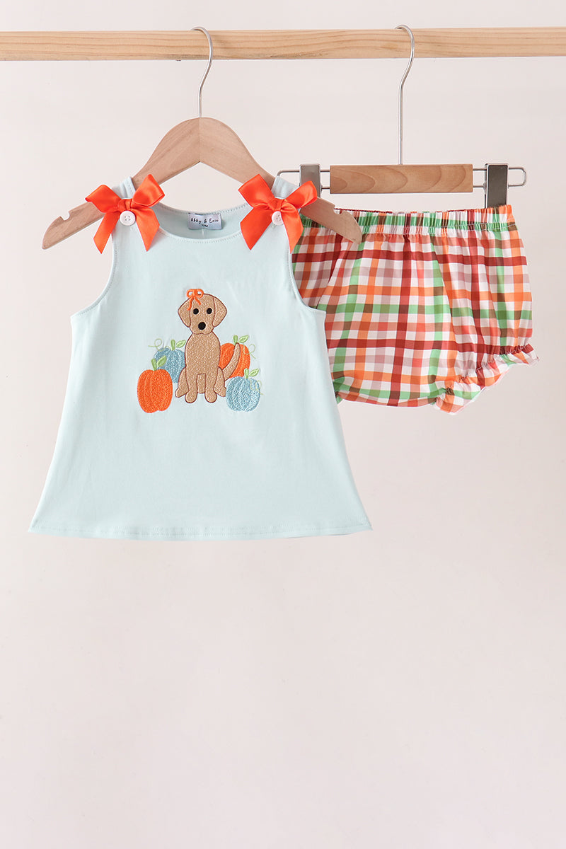 Blue Puppy Pumpkin Embroidery Gingham Bloomer Set