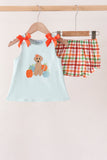 Blue Puppy Pumpkin Embroidery Gingham Bloomer Set Aaria Tees