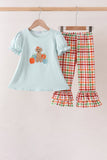 Blue Puppy Pumpkin Embroidery Gingham Ruffle Pants Set Aaria Tees