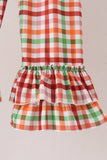 Blue Puppy Pumpkin Embroidery Gingham Ruffle Pants Set Aaria Tees