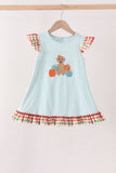 Blue Puppy Pumpkin Embroidery Gingham Ruffle Dress Aaria Tees