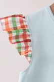 Blue Puppy Pumpkin Embroidery Gingham Ruffle Dress Aaria Tees