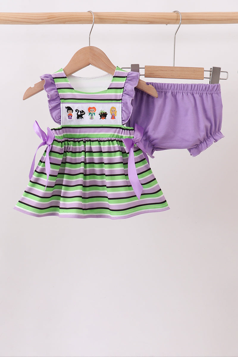 Purple witch embroidery stripe ruffle bloomer set - Aaria Tees