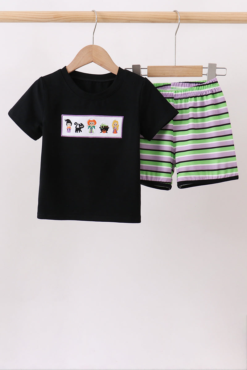 Black witch embroidery stripe shorts set - Aaria Tees
