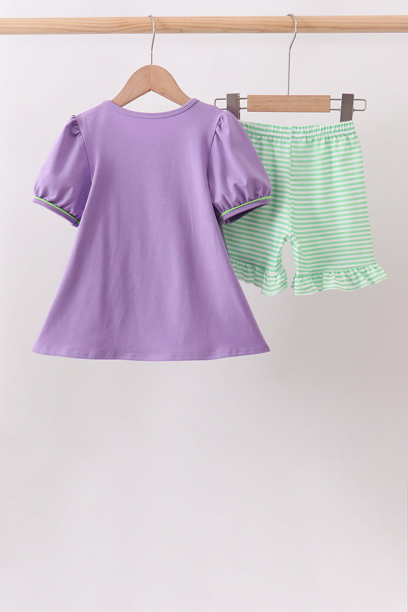 Purple witch applique stripe ruffle shorts set - Aaria Tees Aaria Tees