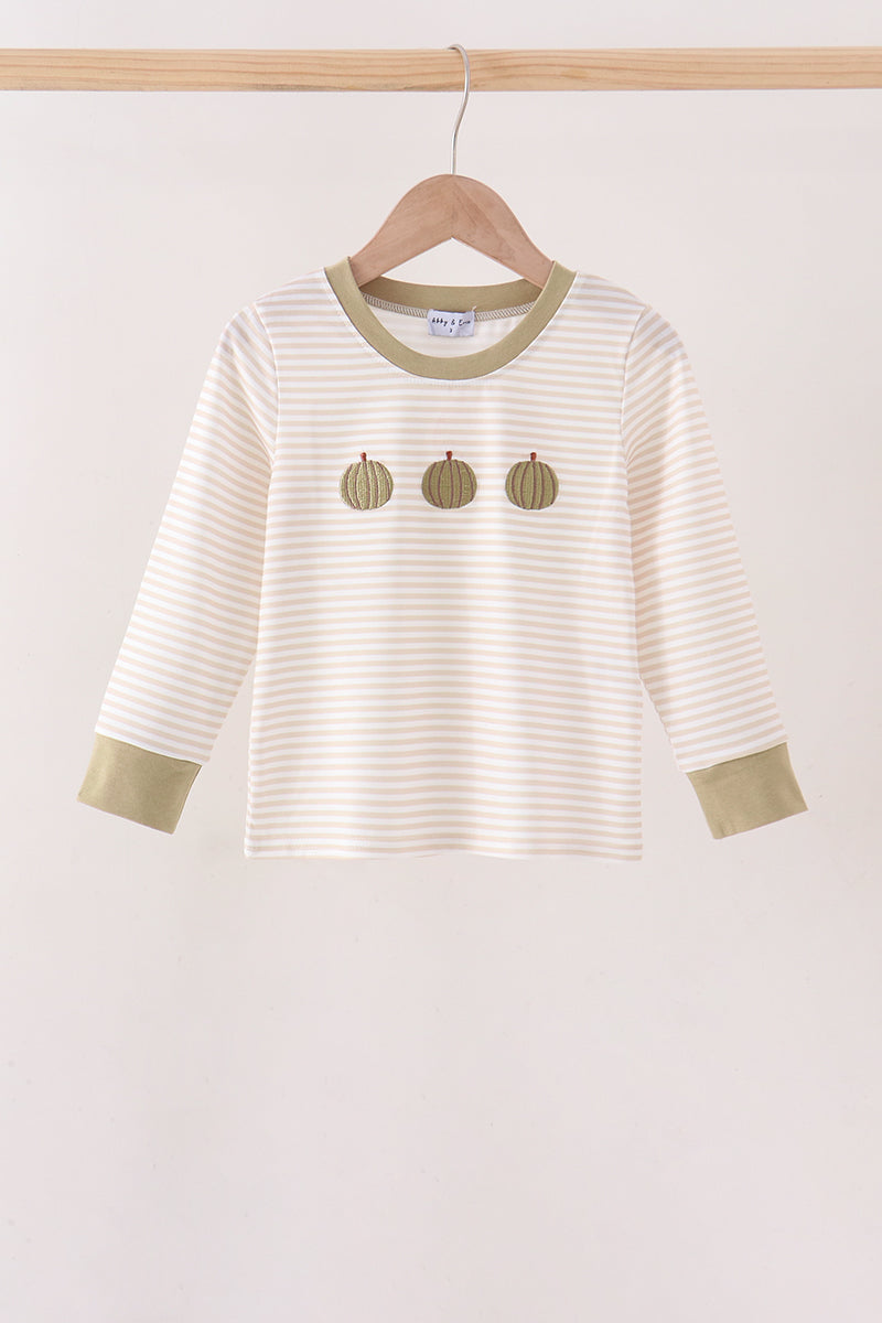 Khaki Pumpkin Embroidery Stripe Top - Aaria Tees