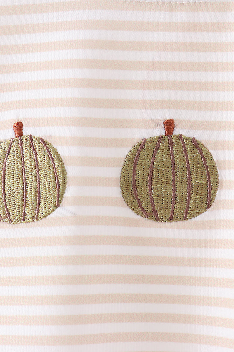 Khaki Pumpkin Embroidery Stripe Top - Aaria Tees Aaria Tees