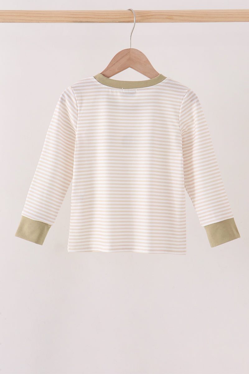 Khaki Pumpkin Embroidery Stripe Top - Aaria Tees Aaria Tees