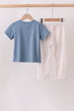 Teal Duck Embroidery Gingham Pants Set Aaria Tees
