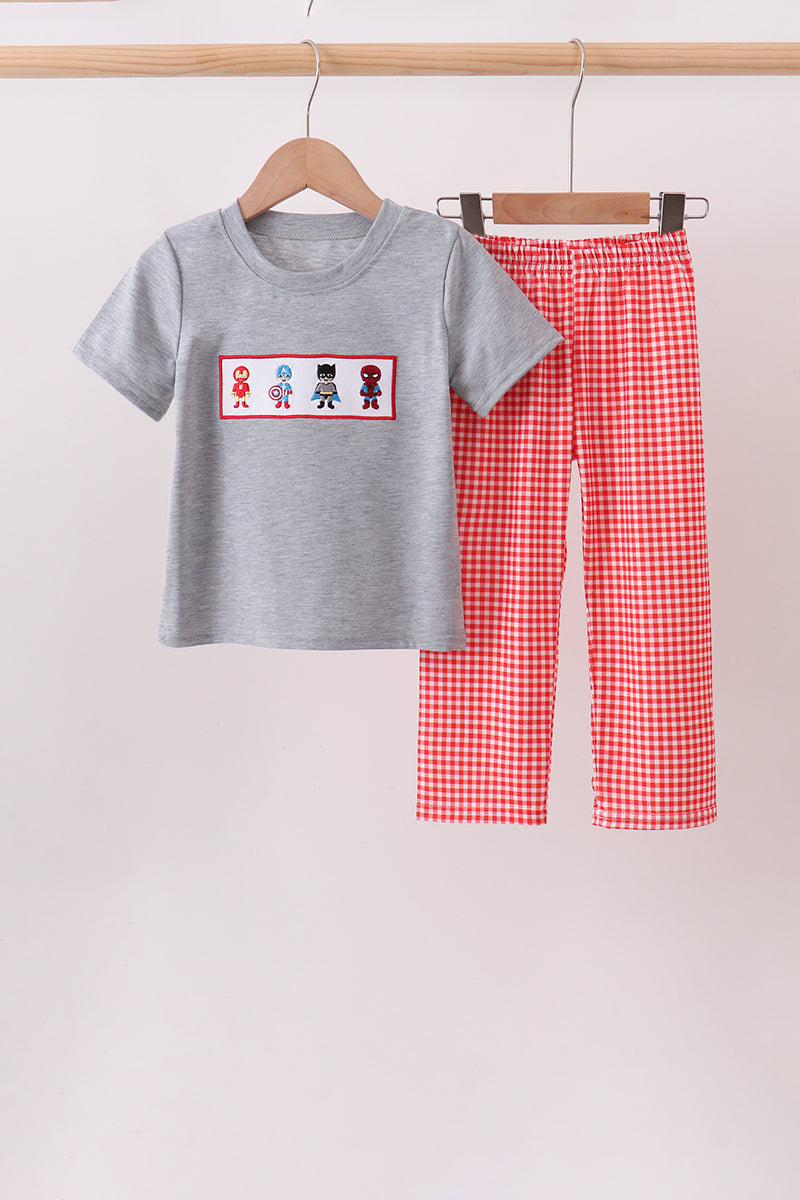 Grey character embroidery gingham pants set - Aaria Tees Aaria Tees
