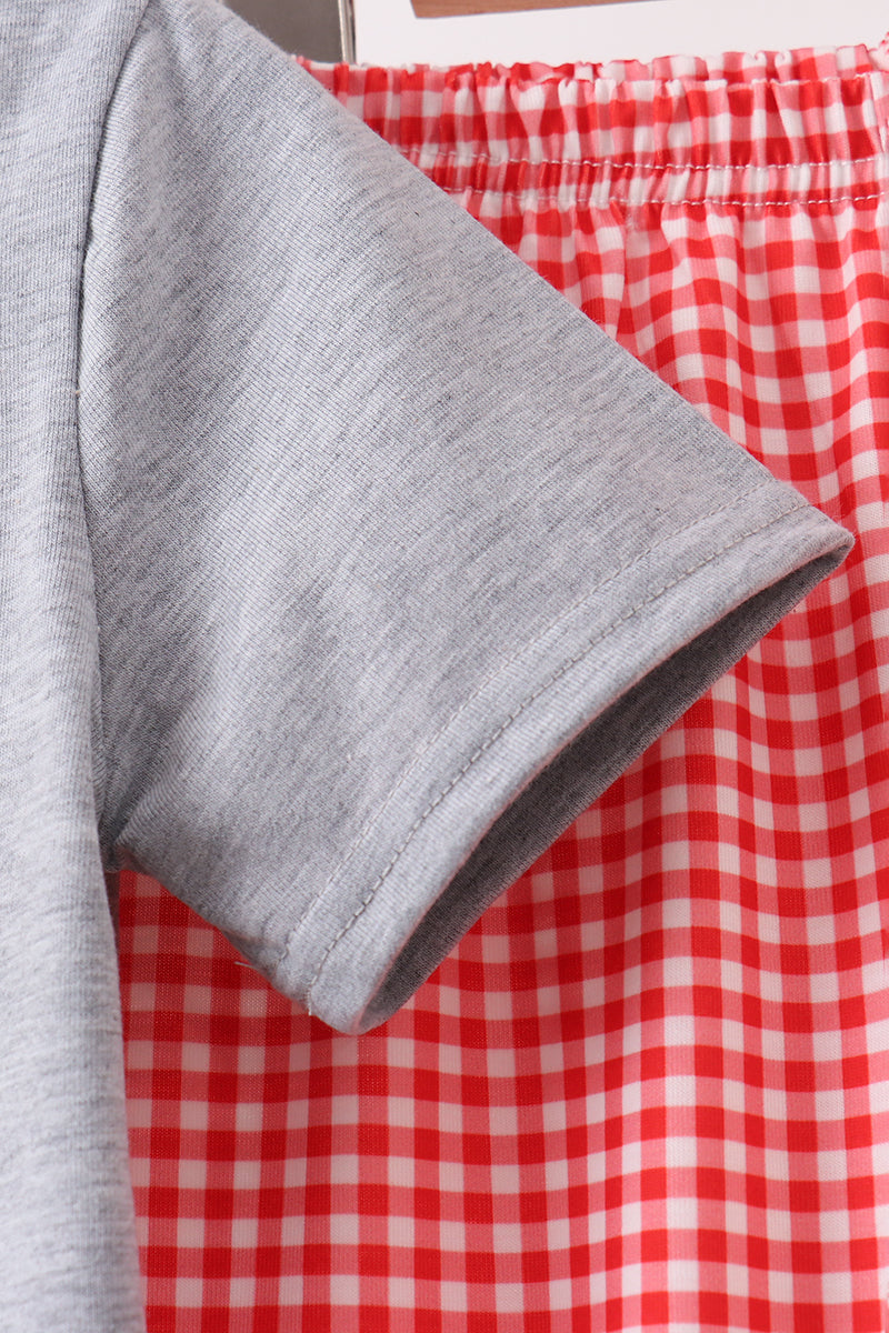 Grey character embroidery gingham pants set - Aaria Tees Aaria Tees