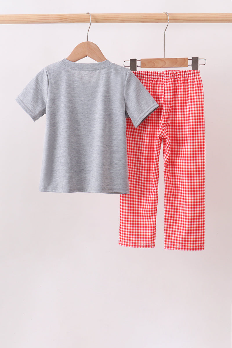 Grey character embroidery gingham pants set - Aaria Tees Aaria Tees